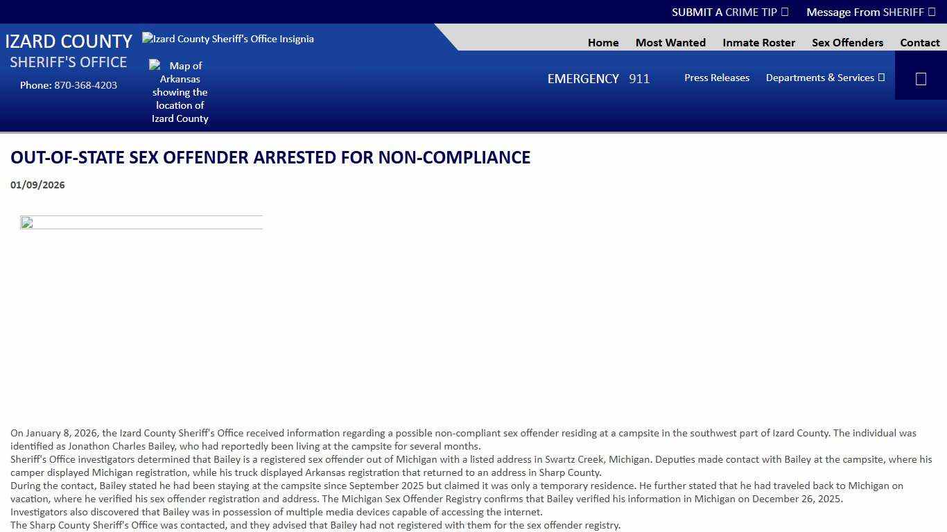 OUT-OF-STATE SEX OFFENDER ARRESTED FOR NON-COMPLIANCE (01/09/2026) - Press Releases - Izard County Sheriff AR